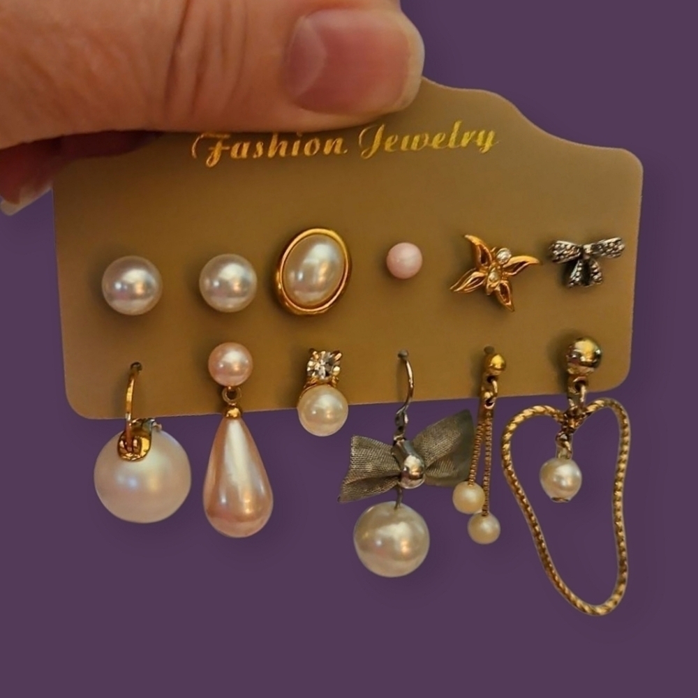 Vintage Set of Twelve Single Coquette Pearl Butterfly Bow Earrings